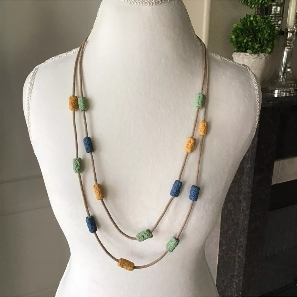 LAST 1! NEW Lava Bead Necklace & Earring SET Green Blue Gold Tube Beads on Cord - Picture 4 of 10